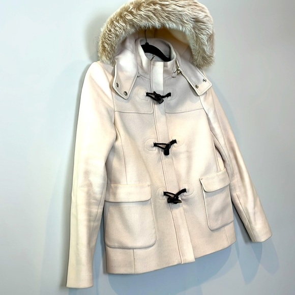 Massimo Dutti Wool Pea Coat Women's Size 4 Small Cream Fur Hood - Picture 5 of 11